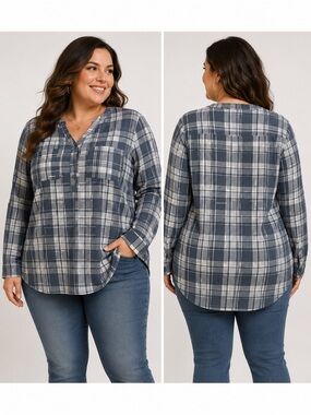 mySTYLE Plaid Roll-Tab Sleeve Blouse | Women’s Plus Size 2X
